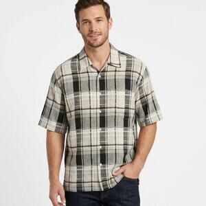 Bagazio Men's Linen Shirt XL Plaid Black & Cream Short Sleeve Button Up Front